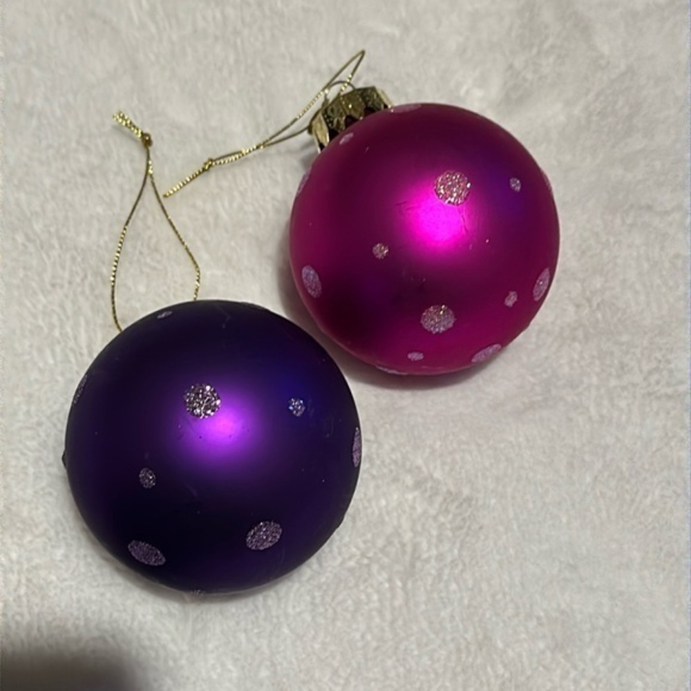 2 Christmas Ball Ornaments Glass Seasons of Cannon Falls Pink Purple Dots
